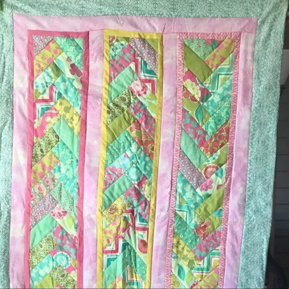 Handmade Quilt. Spring Pinks and Greens Braided